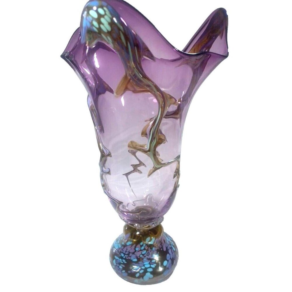 Unique 13 X 7.5  Purple Art Deco Murano Vines Confetti Centerpiece Vase Vintage - Picture 10 of 16